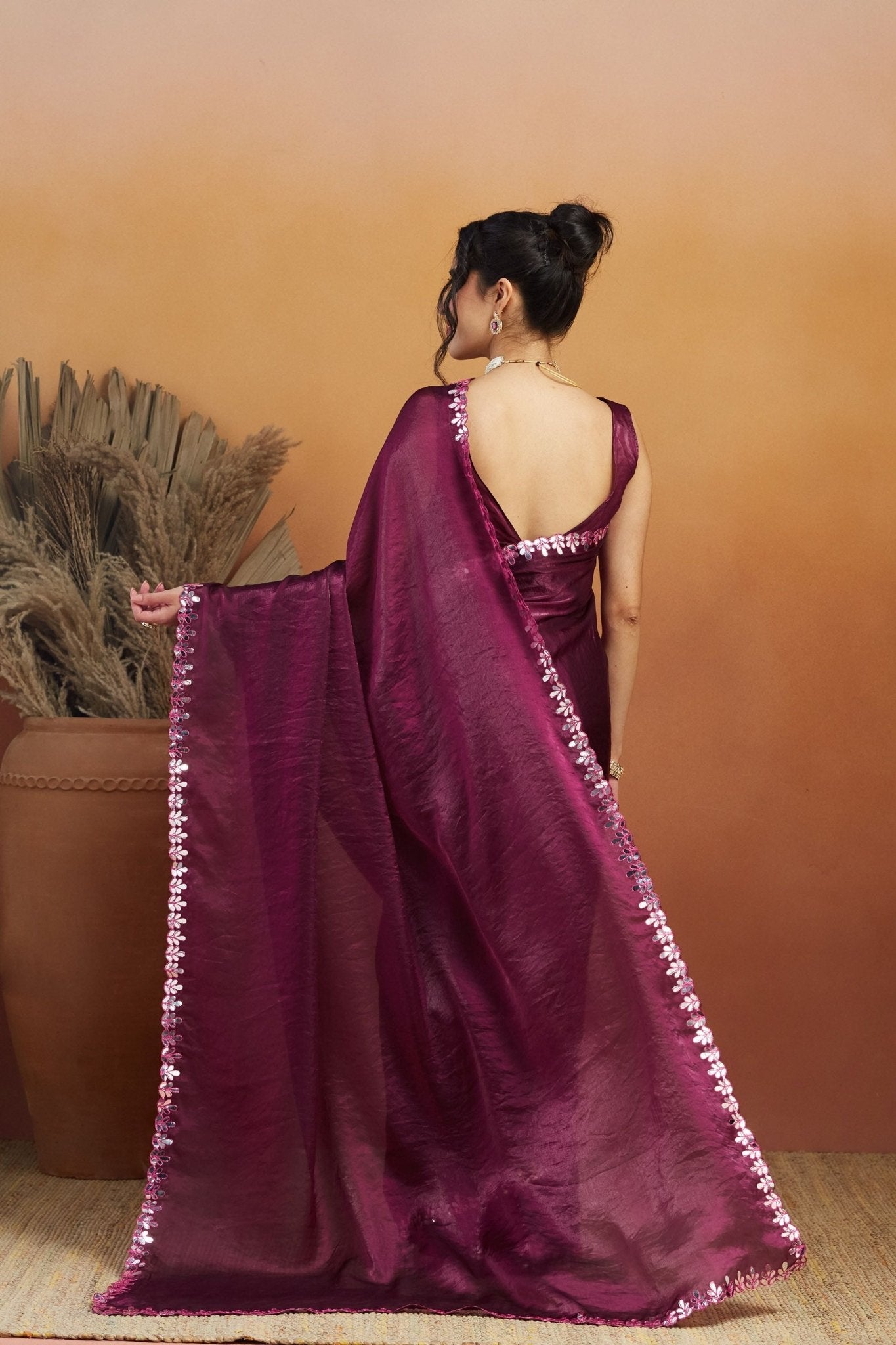 Wine Satin Silk Saree with Sequin Floral Border and Matching Blouse - Mangaldeep NX