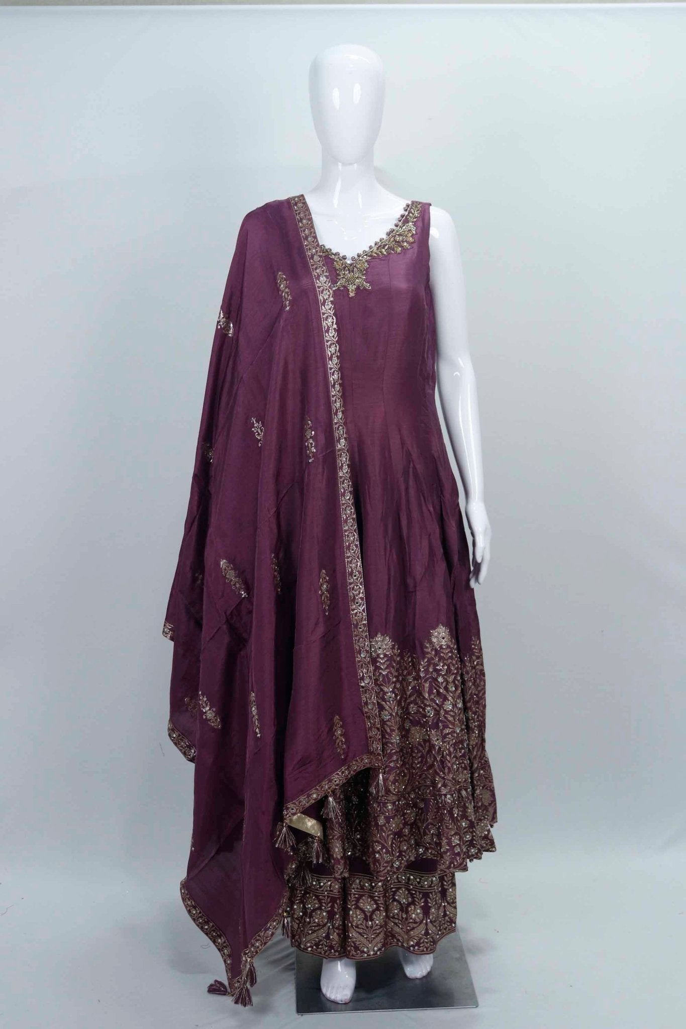 Wine Sleeveless Embroidered Kurta Sharara Set with Zari and Mirror Work Dupatta - Mangaldeep NX
