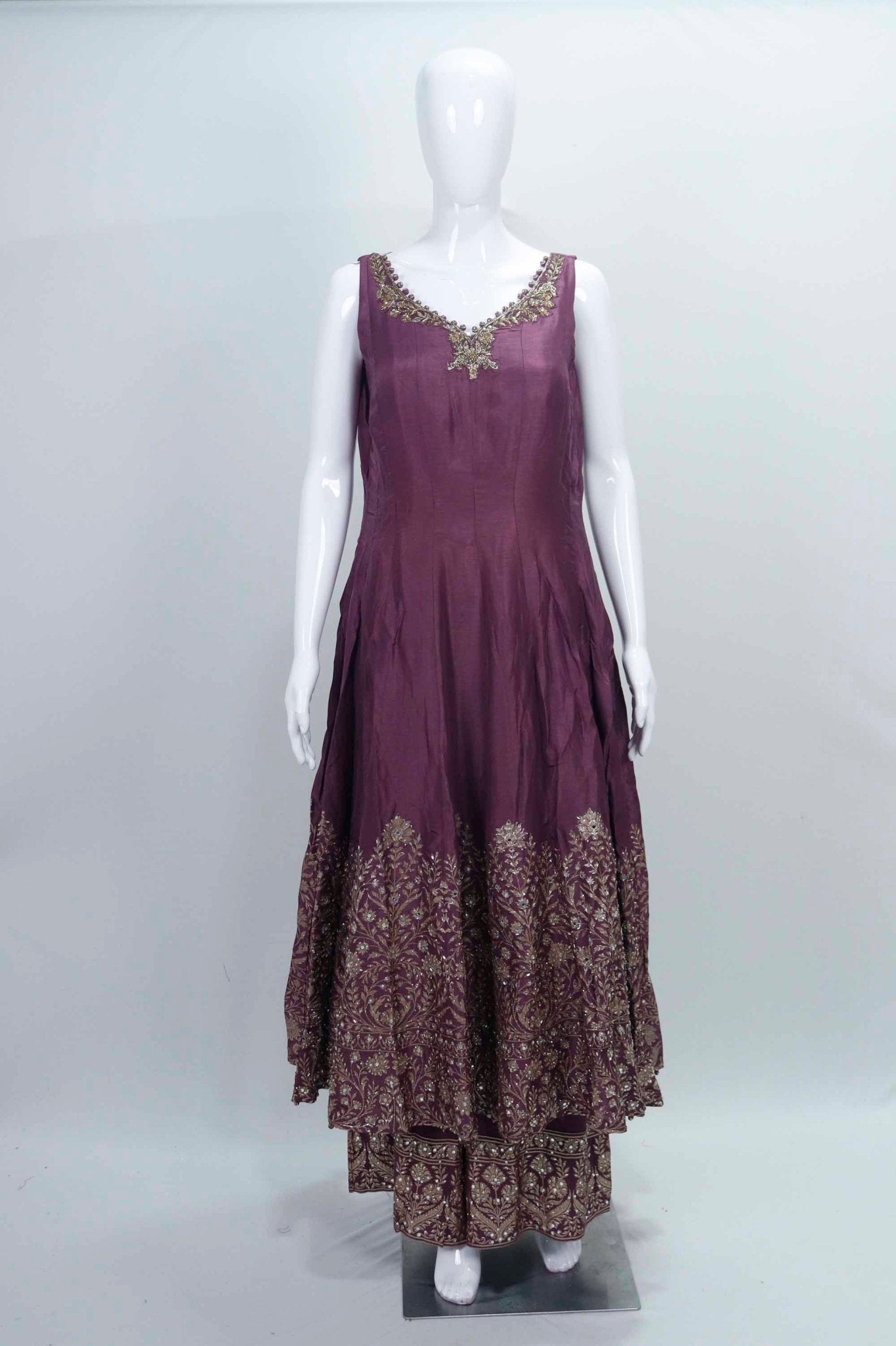 Wine Sleeveless Embroidered Kurta Sharara Set with Zari and Mirror Work Dupatta - Mangaldeep NX