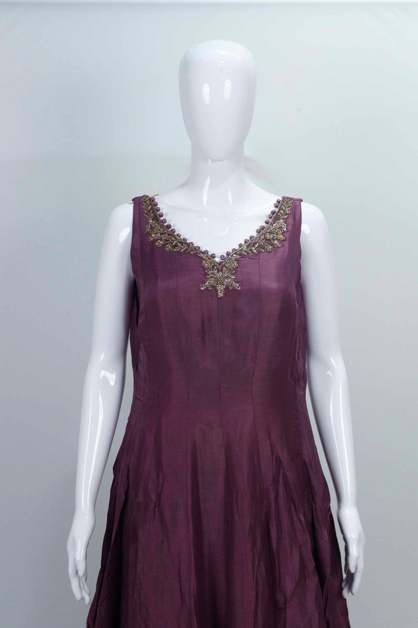 Wine Sleeveless Embroidered Kurta Sharara Set with Zari and Mirror Work Dupatta - Mangaldeep NX