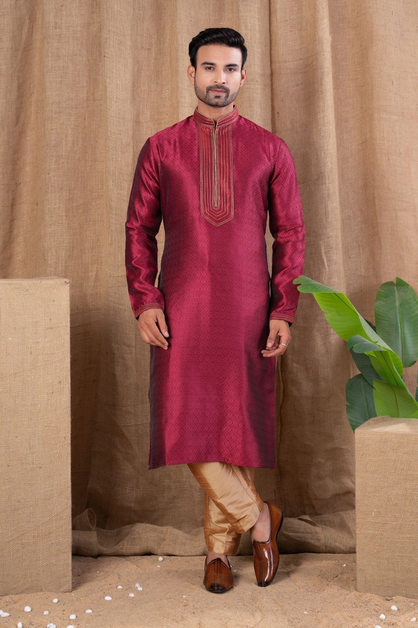 Wine Textured Art Silk Kurta for Men with Beige Pyjama - Mangaldeep NX