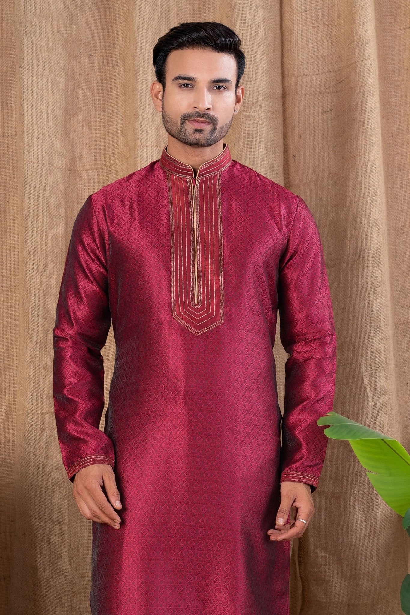 Wine Textured Art Silk Kurta for Men with Beige Pyjama - Mangaldeep NX