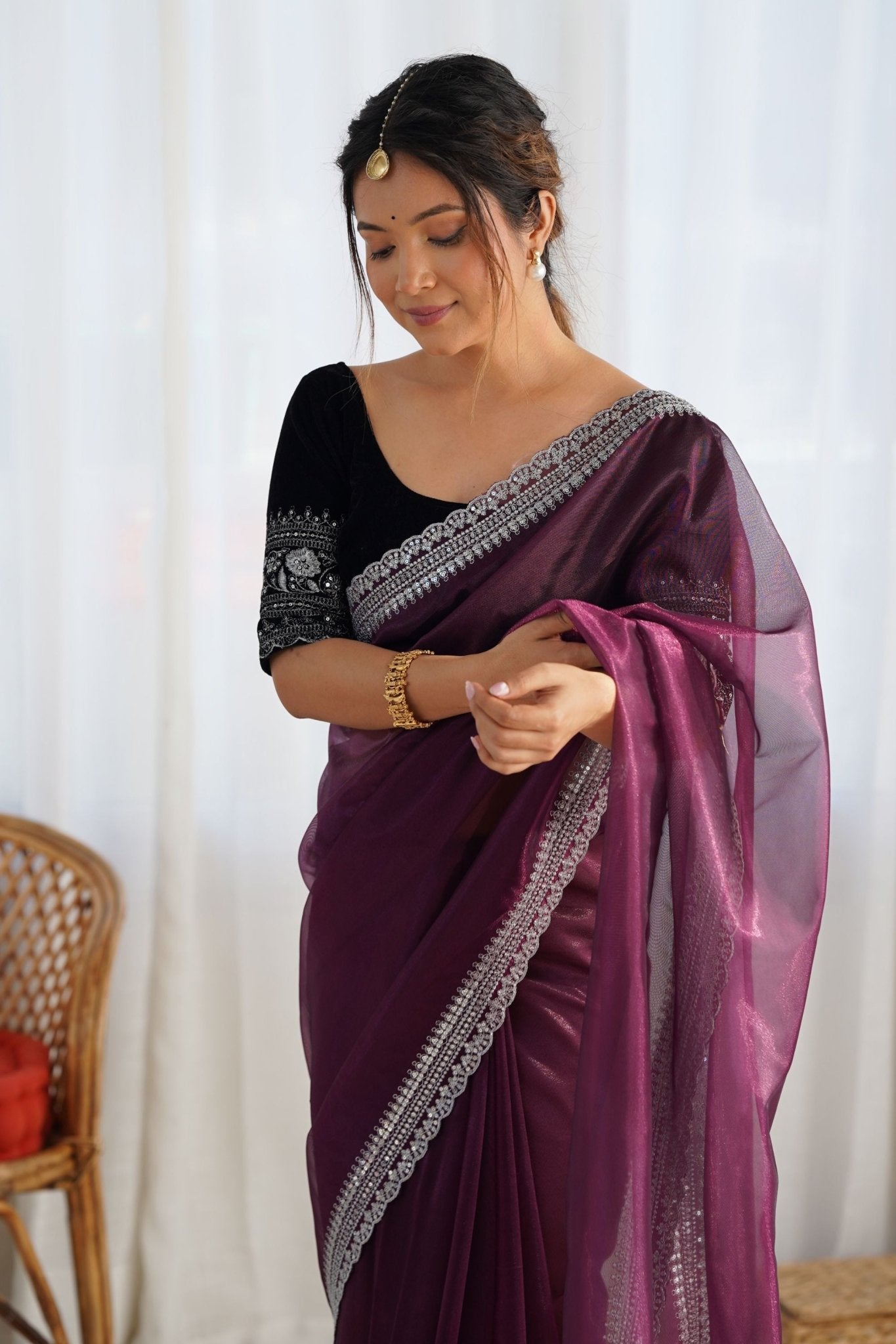Wine Twill Net Saree with Silver Sequin Border and Black Velvet Blouse - Mangaldeep NX