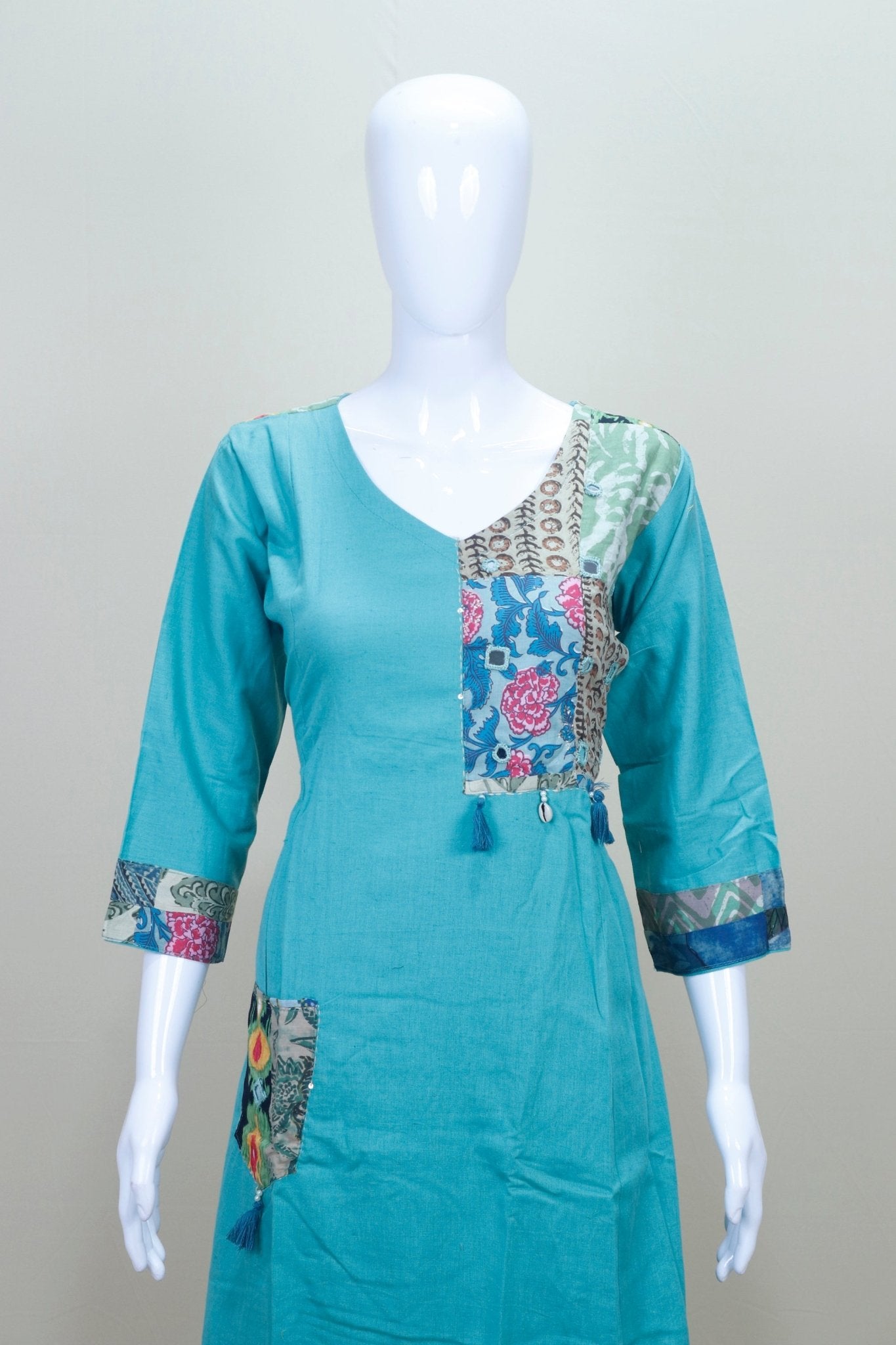 Women's Teal Cotton Kurta Set with Multicolor Printed Dupatta - Mangaldeep NX