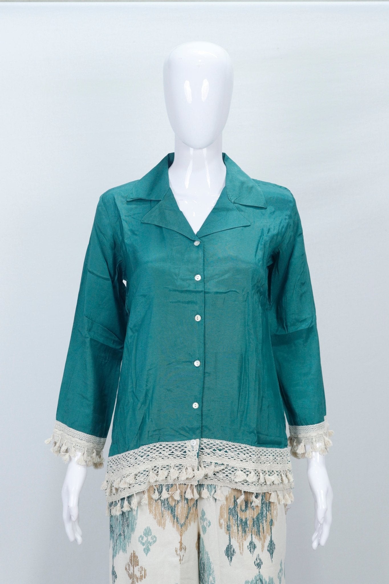 Women's Teal Cotton Top with Ikat Print Palazzo Set - Mangaldeep NX