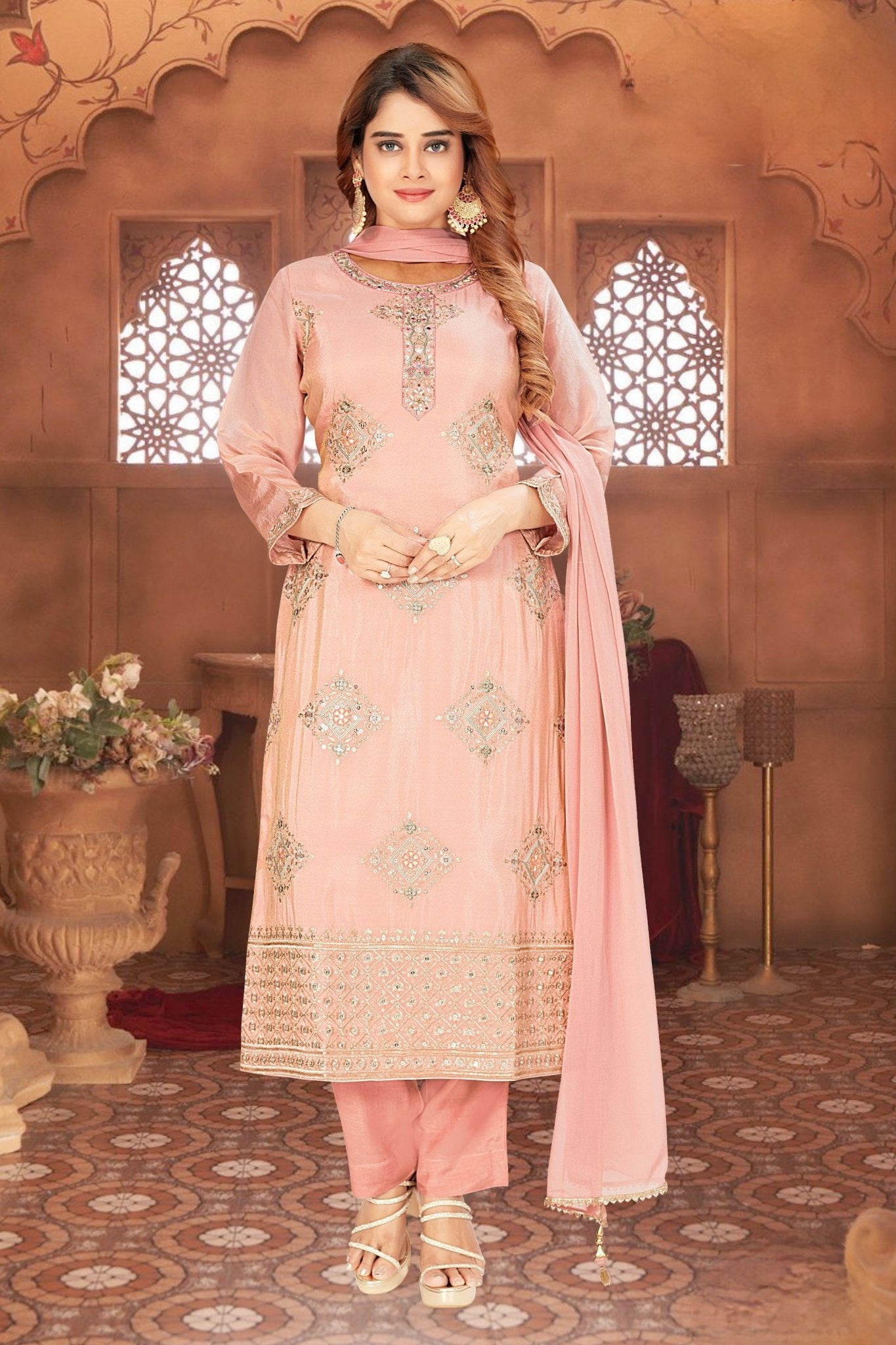 Wow Peach Embroidered Straight Cut Salwar Suit - Mangaldeep NX