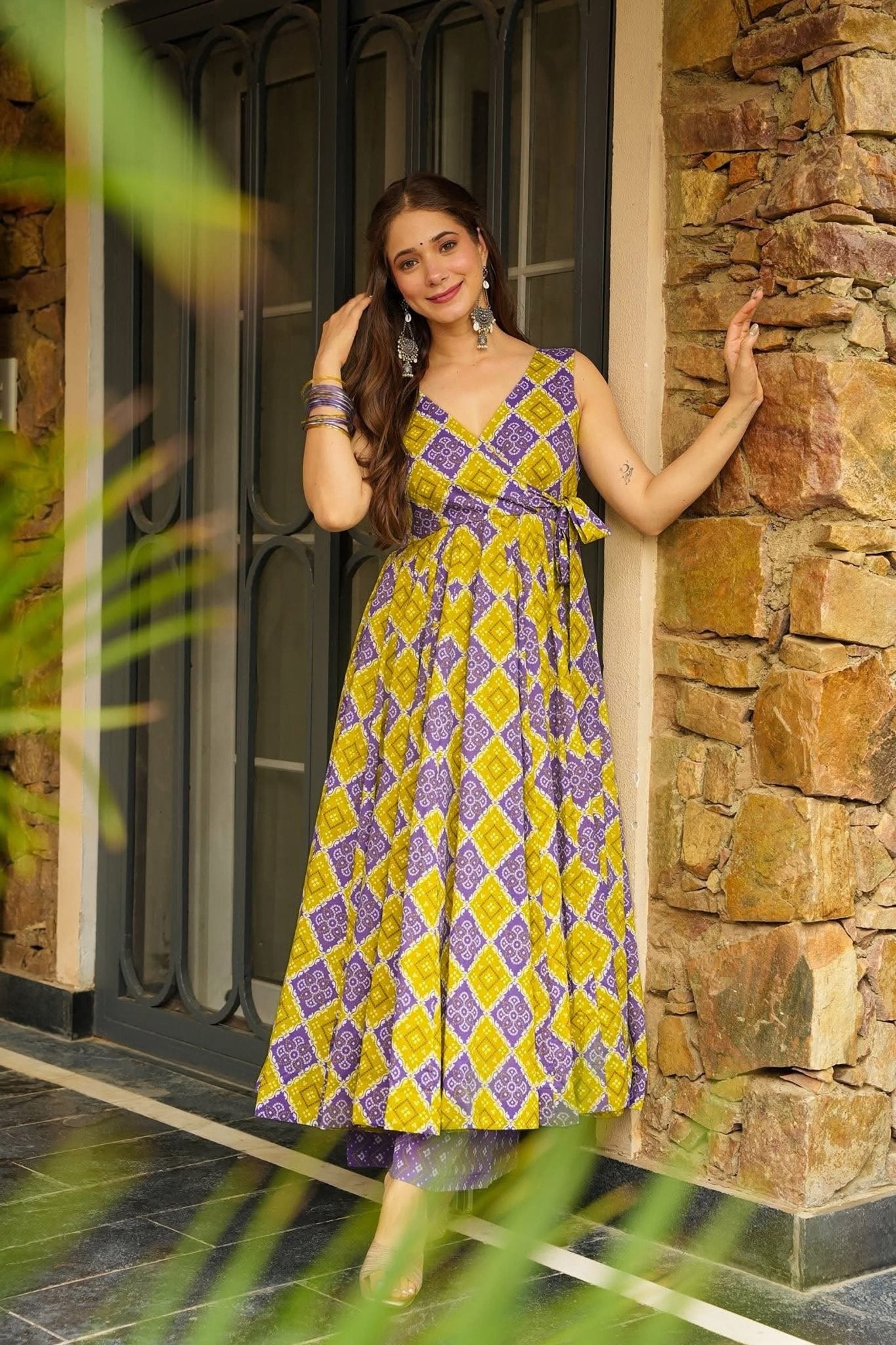 Yellow and Purple Rayon Bandhani Print Kurti with Palazzo Set - Mangaldeep NX