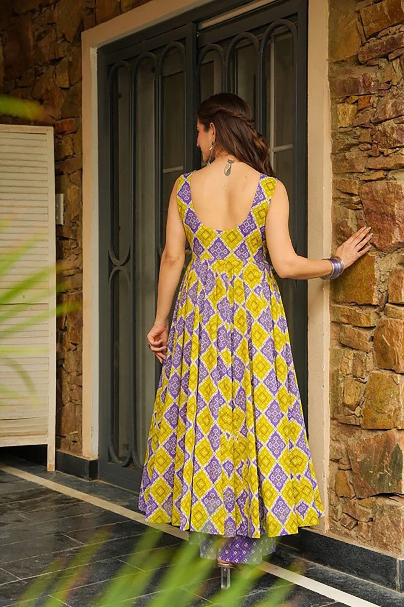 Yellow and Purple Rayon Bandhani Print Kurti with Palazzo Set - Mangaldeep NX