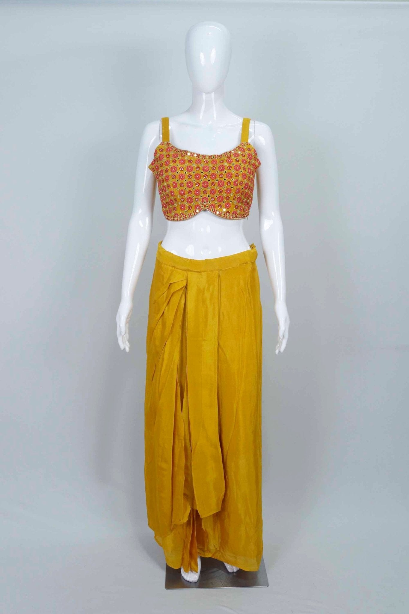 Yellow Dhoti Set for Women Crop Top Printed Jacket Indo Western Dress - Mangaldeep NX