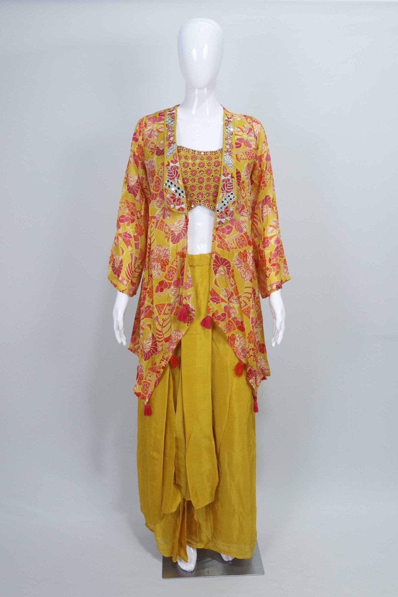 Yellow Dhoti Set for Women Crop Top Printed Jacket Indo Western