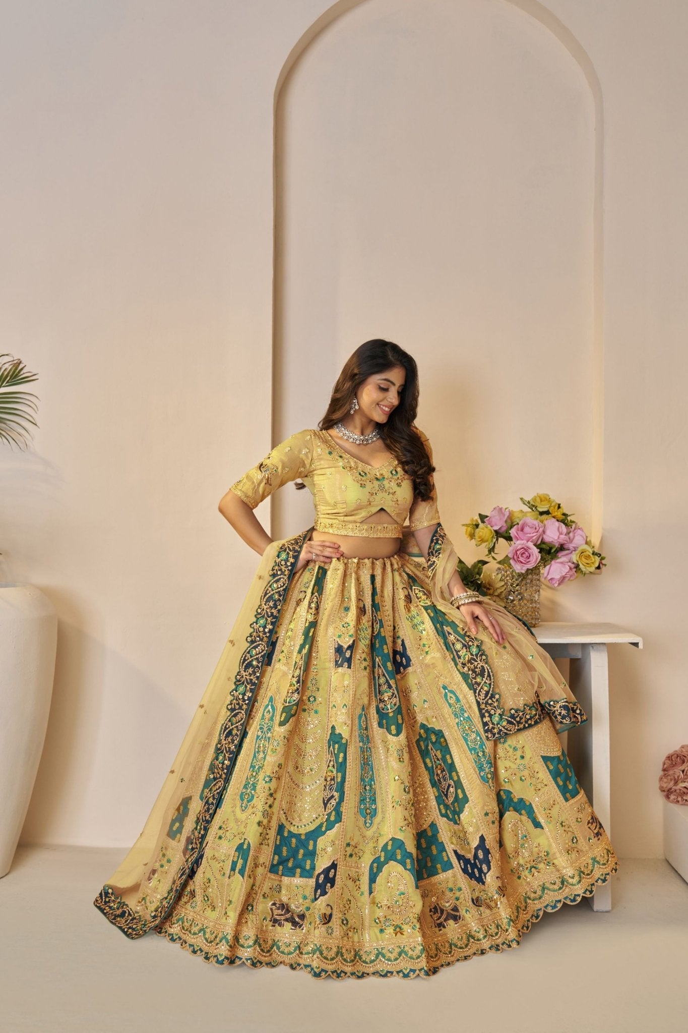 Yellow Embroidered Lehenga Choli with Elephant Motifs and Sequin Embellished Dupatta - Mangaldeep NX