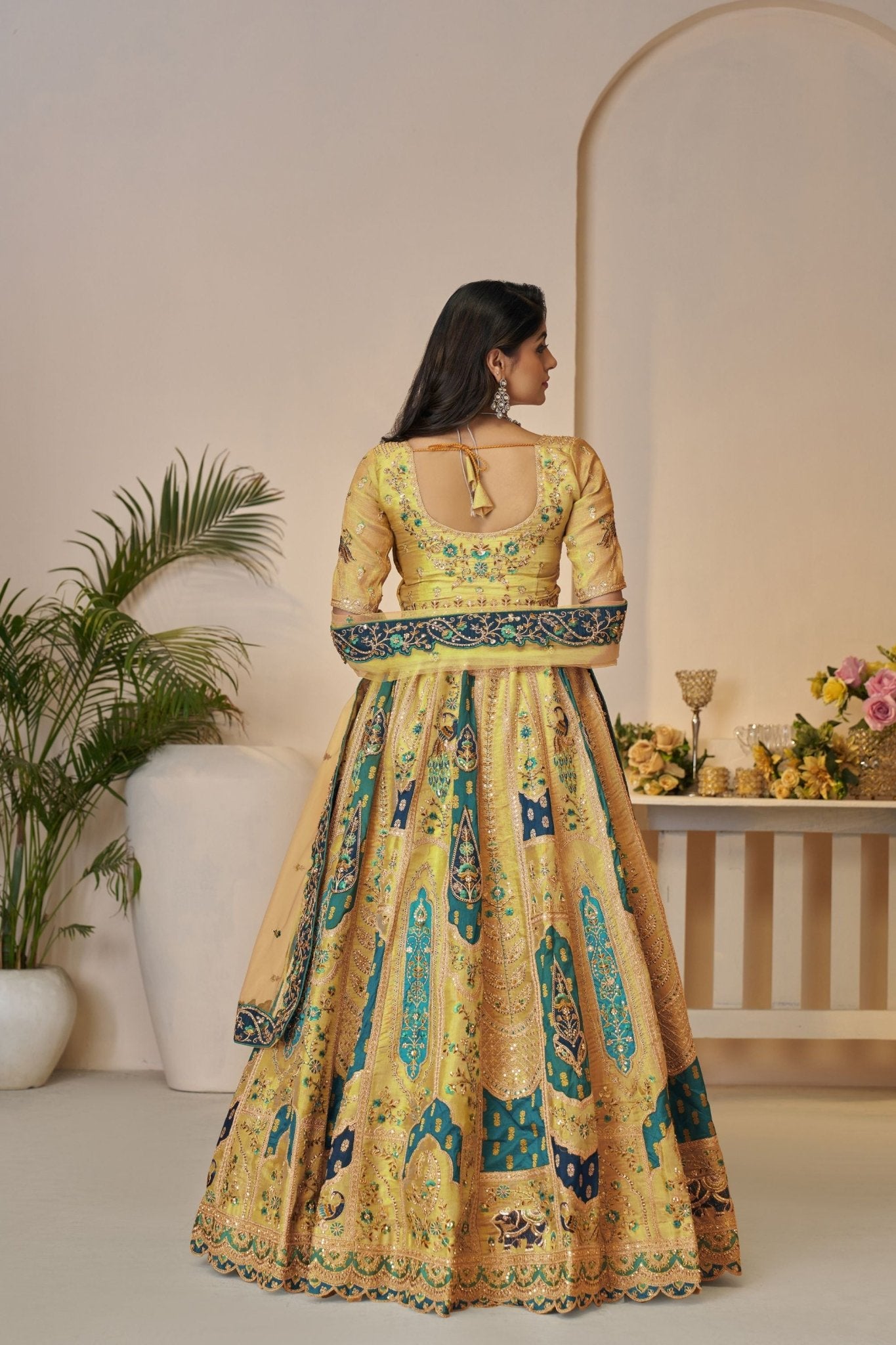 Yellow Embroidered Lehenga Choli with Elephant Motifs and Sequin Embellished Dupatta - Mangaldeep NX