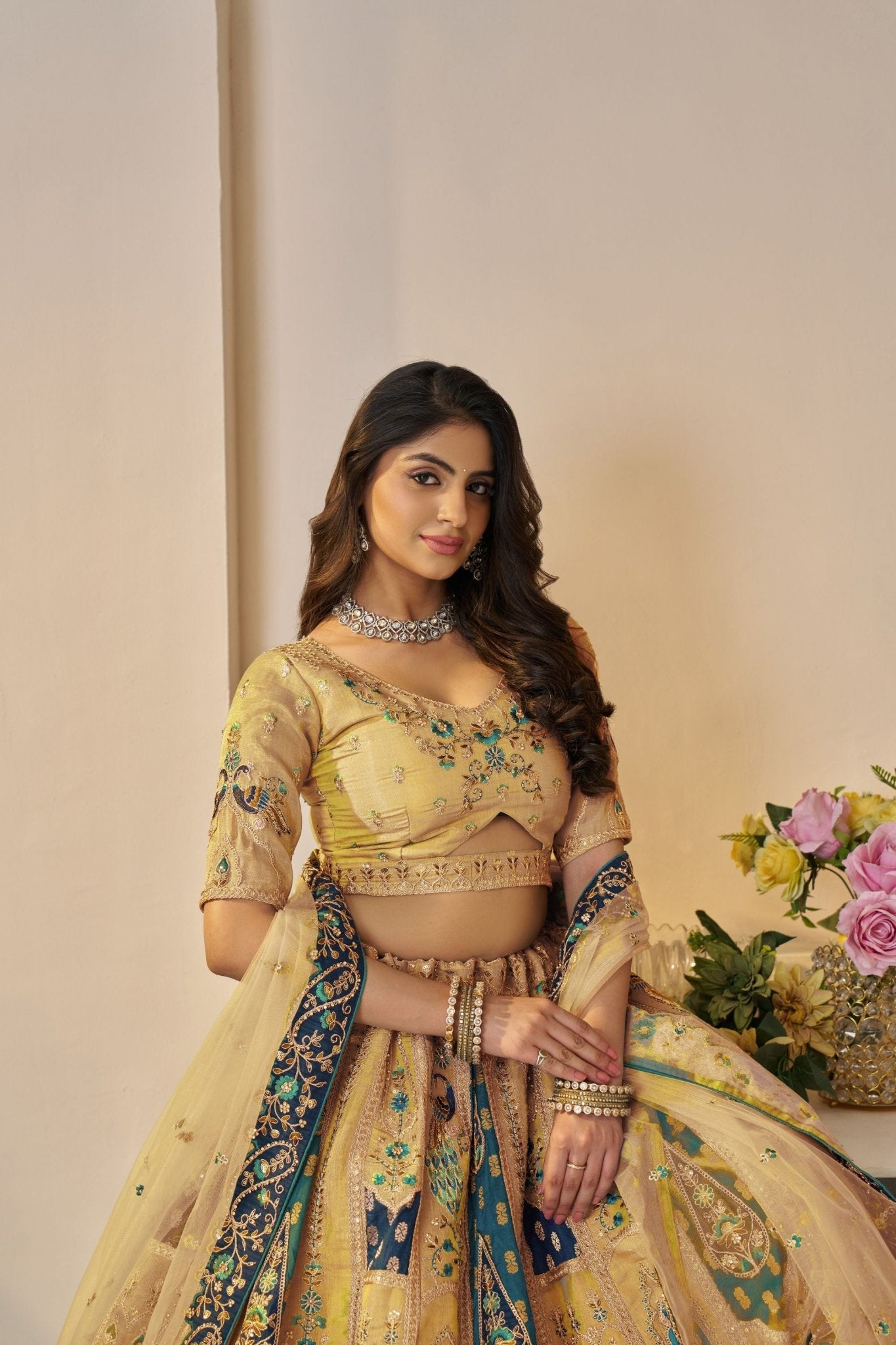 Yellow Embroidered Lehenga Choli with Elephant Motifs and Sequin Embellished Dupatta - Mangaldeep NX