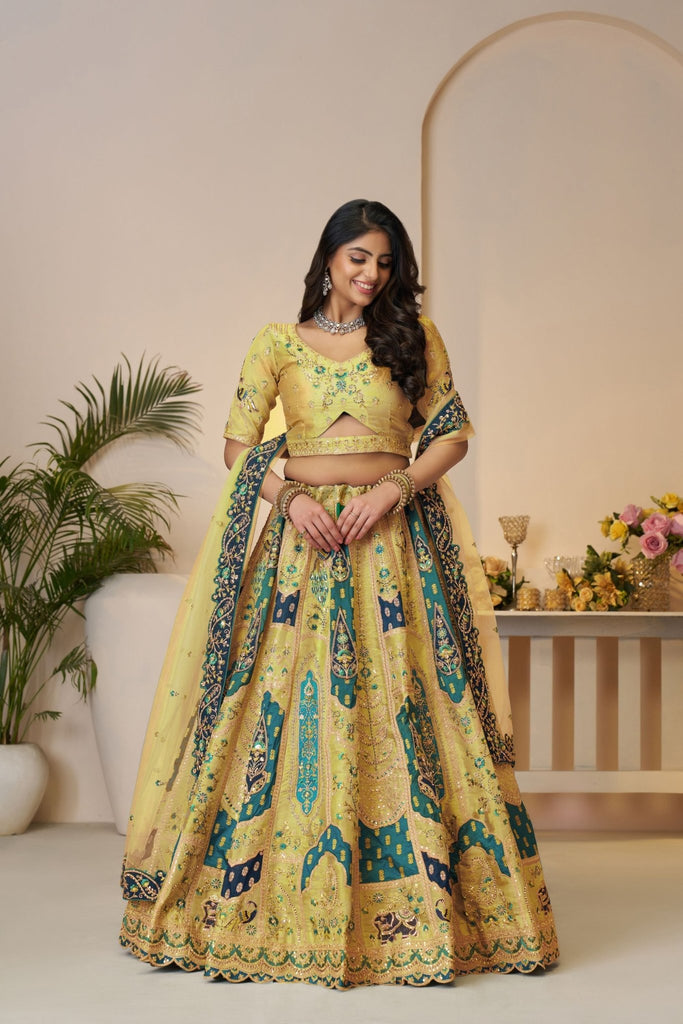 Yellow Embroidered Lehenga Choli with Elephant Motifs and Sequin Embellished Dupatta - Mangaldeep NX