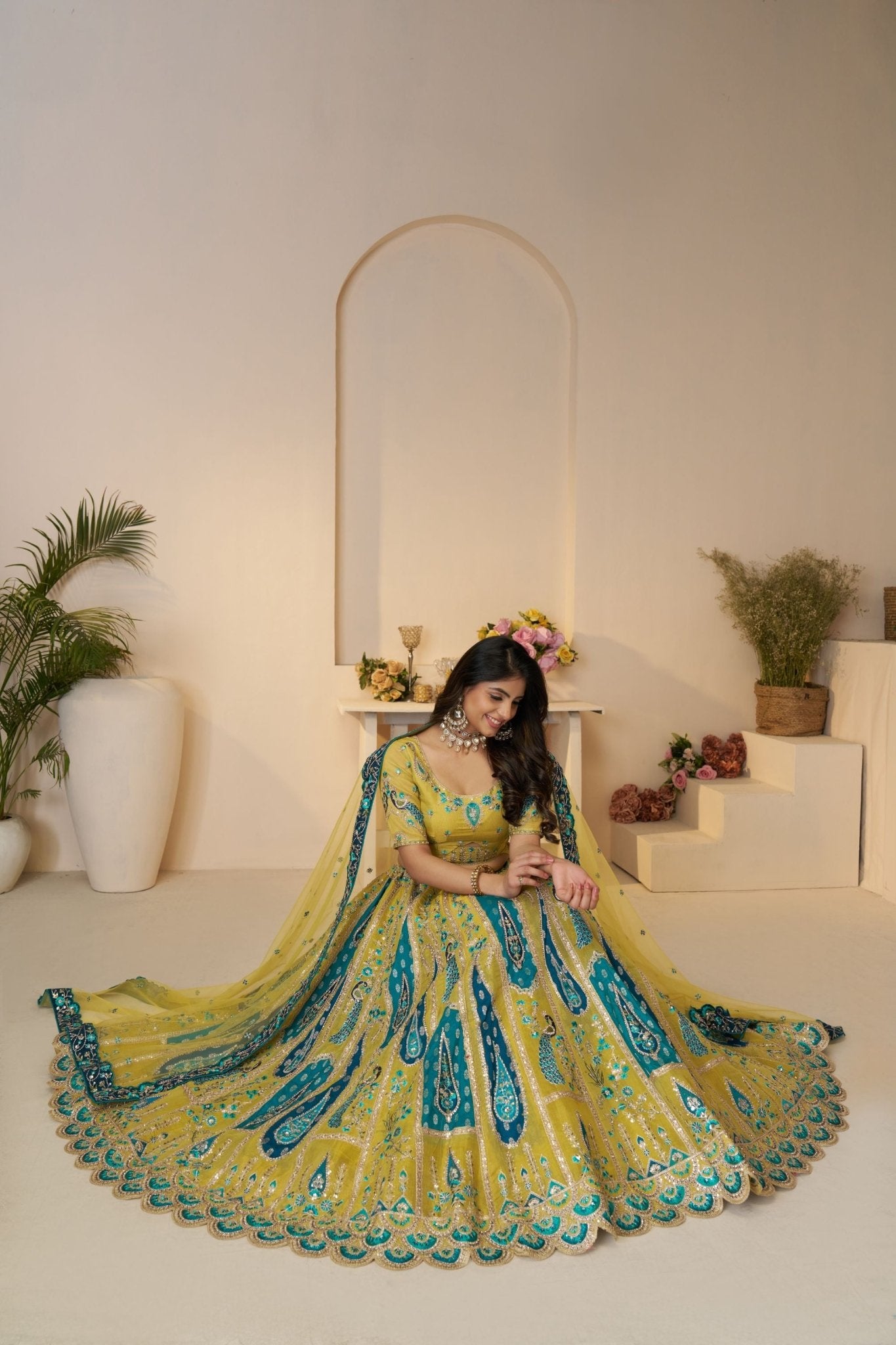 Yellow Embroidered Lehenga Choli with Peacock Motifs and Blue Sequin Work Dupatta - Mangaldeep NX