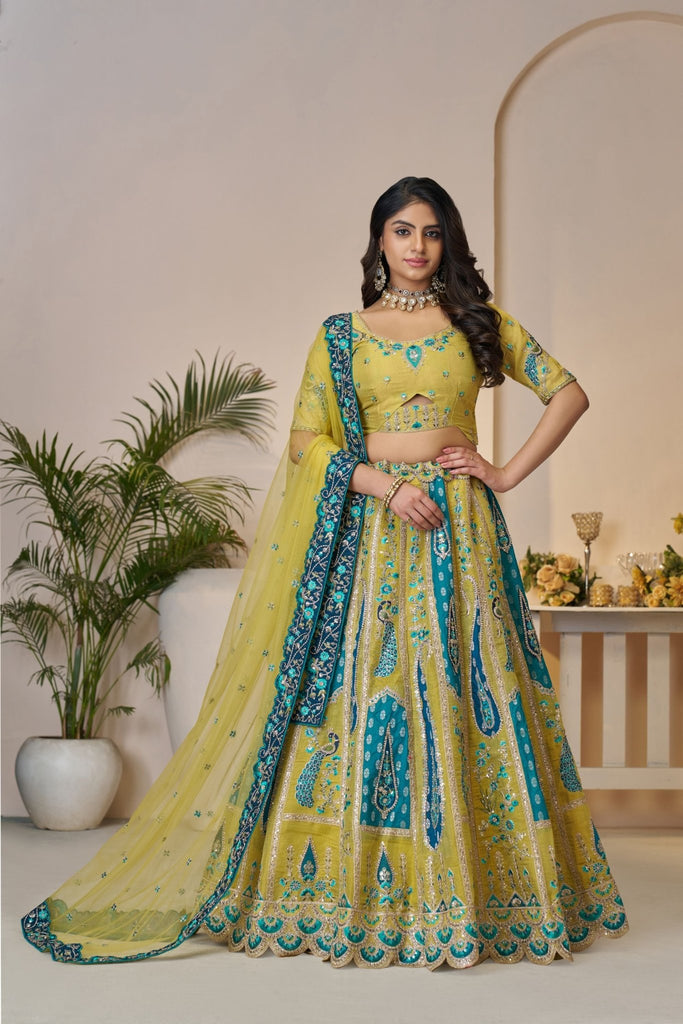 Yellow Embroidered Lehenga Choli with Peacock Motifs and Blue Sequin Work Dupatta - Mangaldeep NX