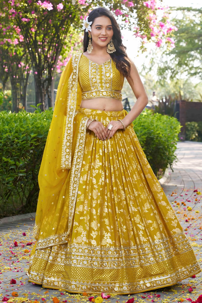 Yellow Embroidered Silk Lehenga Choli Set with Mirror Work and Sequin Dupatta - Mangaldeep NX