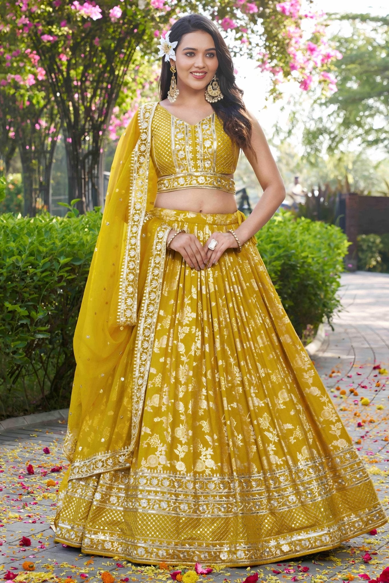 Yellow Embroidered Silk Lehenga Choli Set with Mirror Work and Sequin Dupatta - Mangaldeep NX