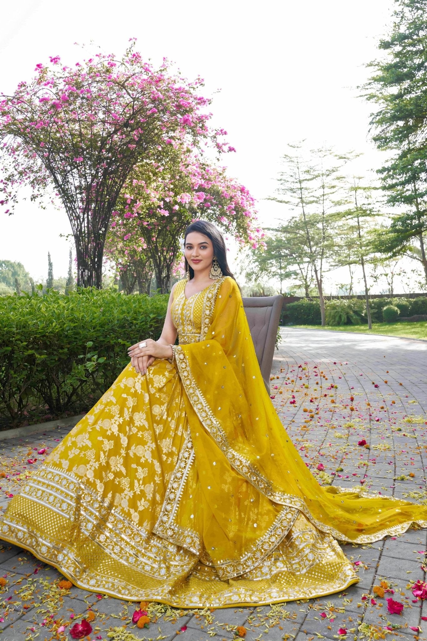 Yellow Embroidered Silk Lehenga Choli Set with Mirror Work and Sequin Dupatta - Mangaldeep NX