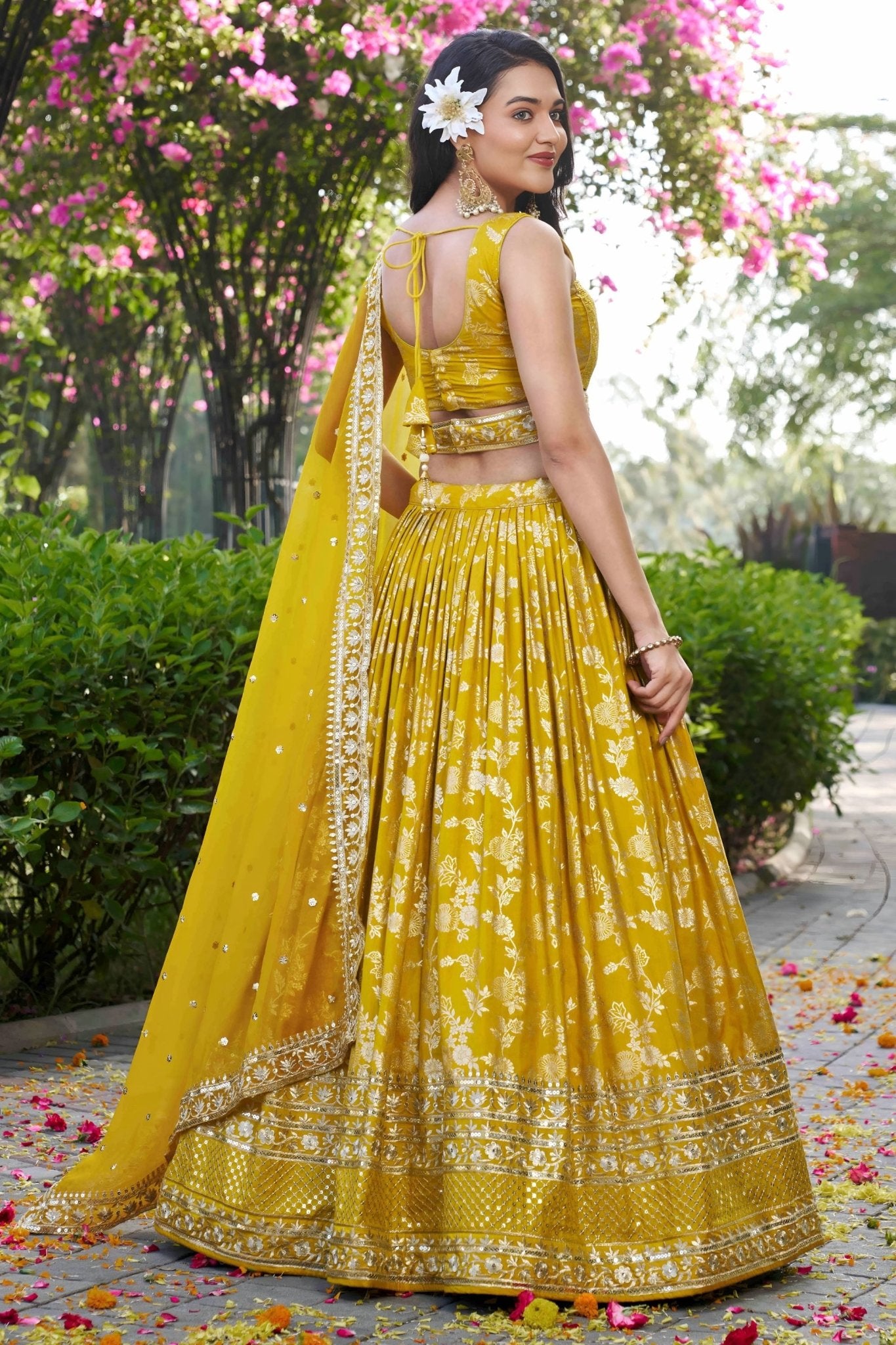 Yellow Embroidered Silk Lehenga Choli Set with Mirror Work and Sequin Dupatta - Mangaldeep NX