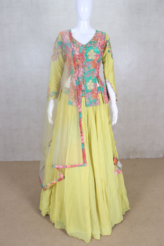 Yellow Lehenga Choli with Multicolor Floral Embroidered Jacket - Mangaldeep NX