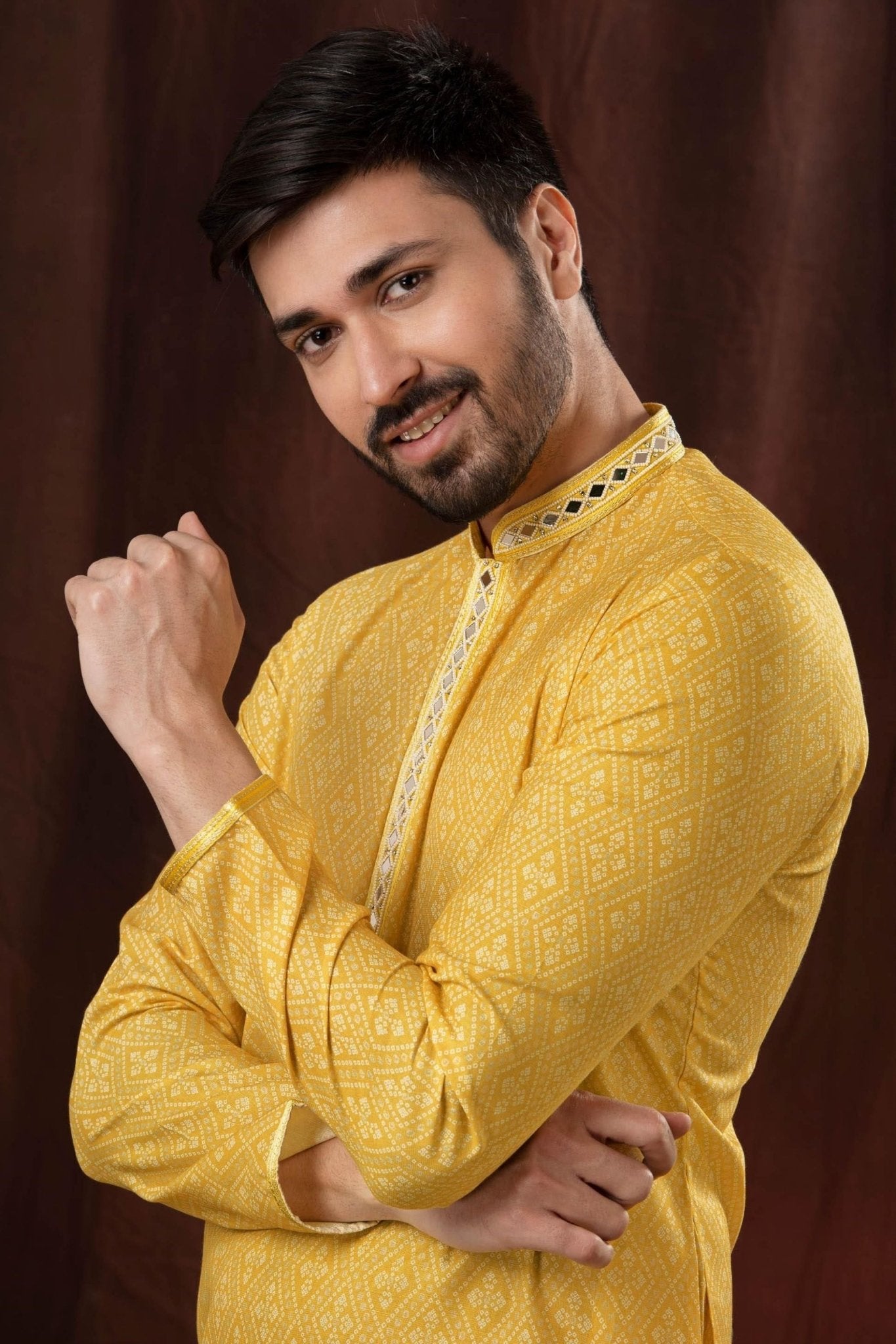 Yellow Printed Art Silk Kurta for Men with Off - White Pyjama - Mangaldeep NX