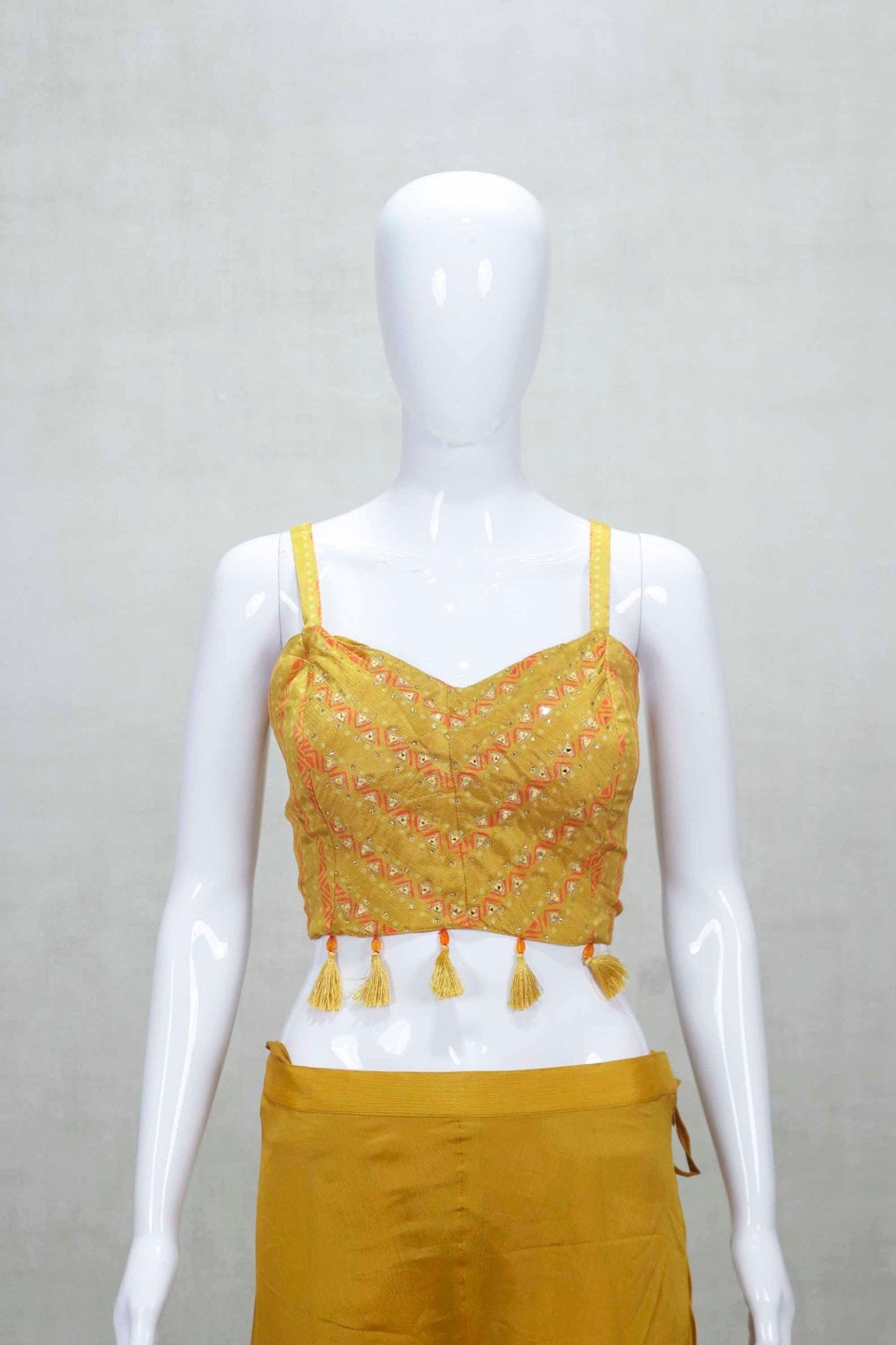 Yellow Printed Crop Top with Embroidered Cape and Palazzo Pants - Mangaldeep NX