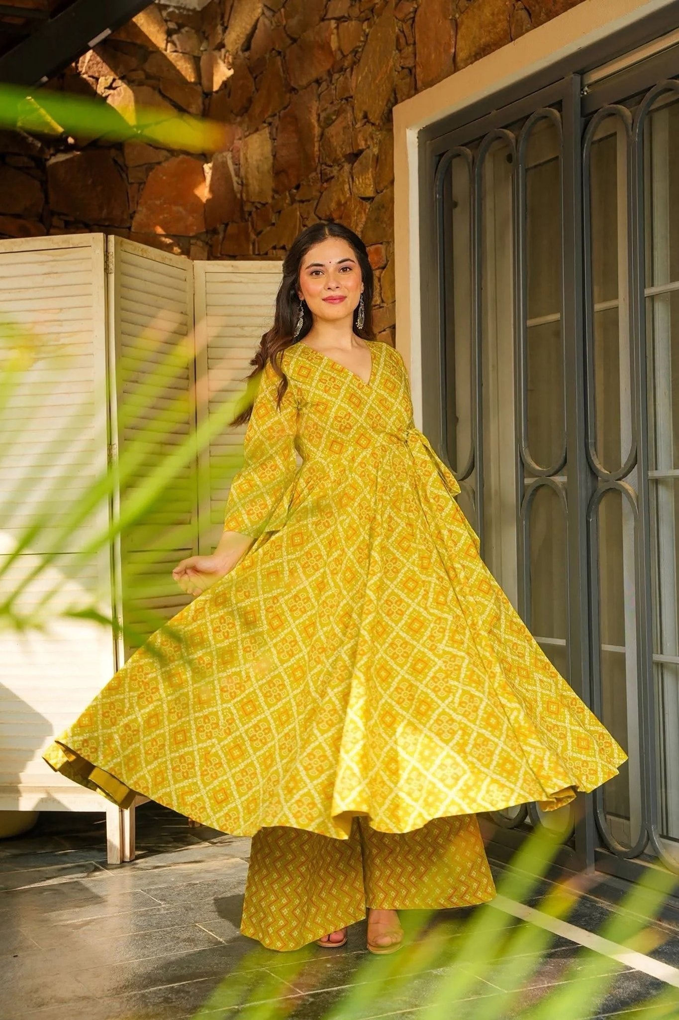 Yellow Rayon Bandhani Print Kurti with Palazzo Set for Festive Wear - Mangaldeep NX