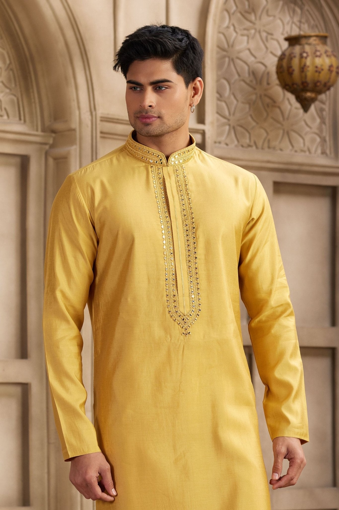Yellow Silk Kurta Pyjama Set for Men with Mirror Embellished Placket - Mangaldeep NX
