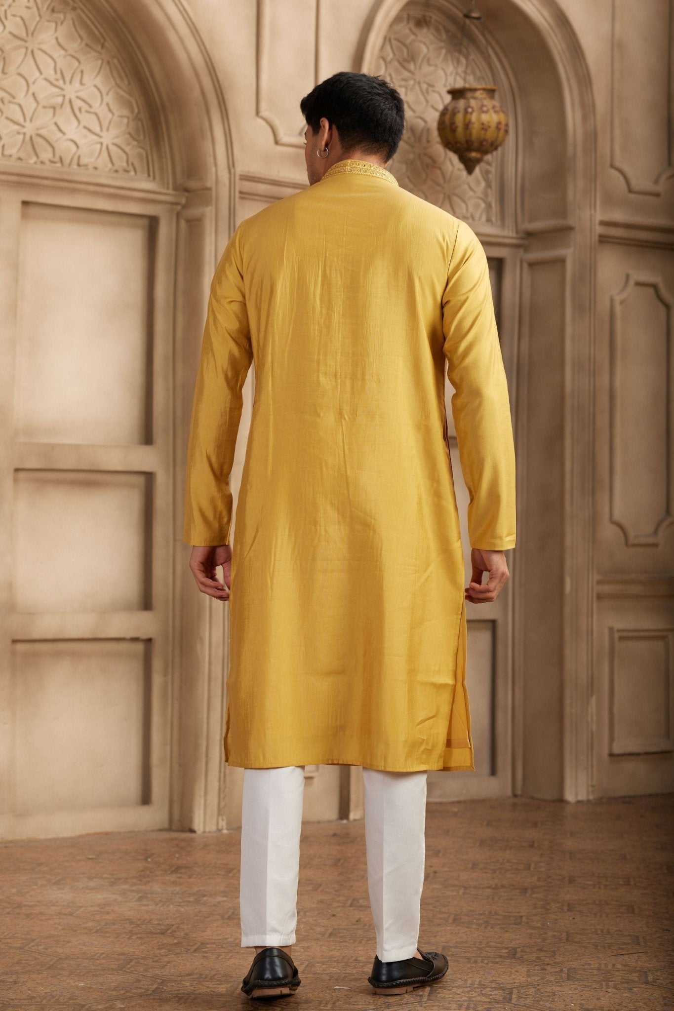 Yellow Silk Kurta Pyjama Set for Men with Mirror Embellished Placket - Mangaldeep NX
