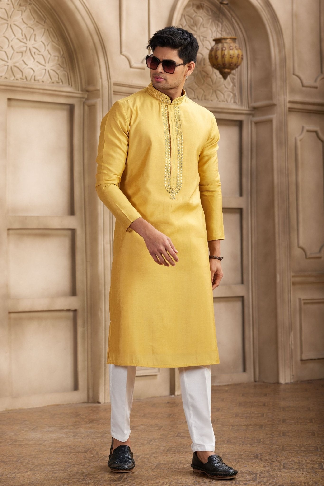 Yellow Silk Kurta Pyjama Set for Men with Mirror Embellished Placket - Mangaldeep NX