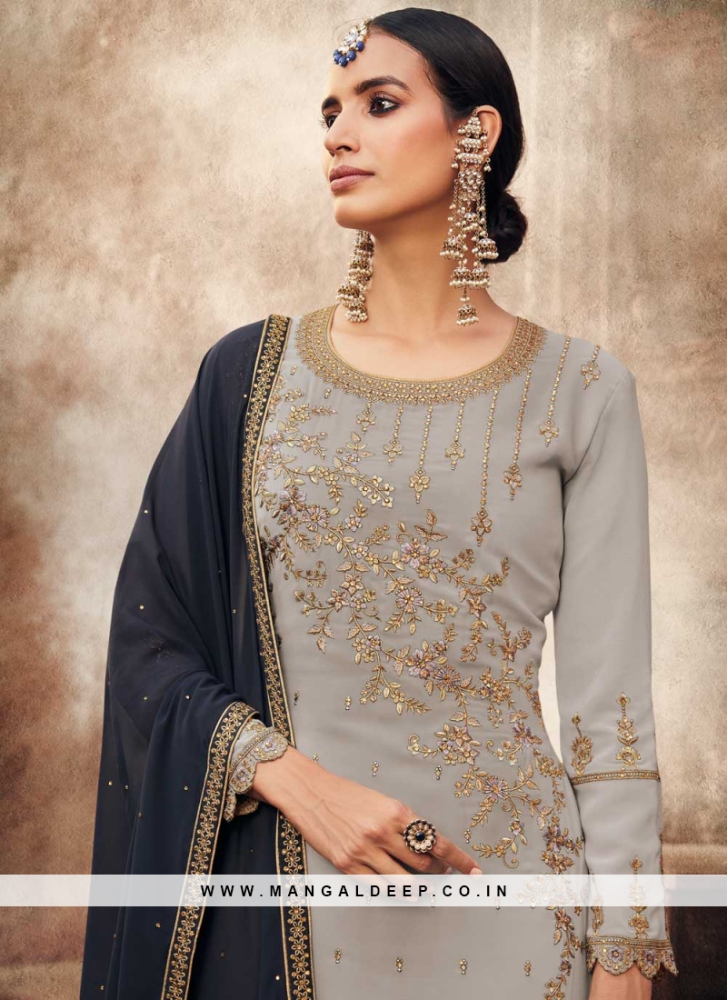 Faux Georgette Embroidered Designer Pakistani Suit In Grey