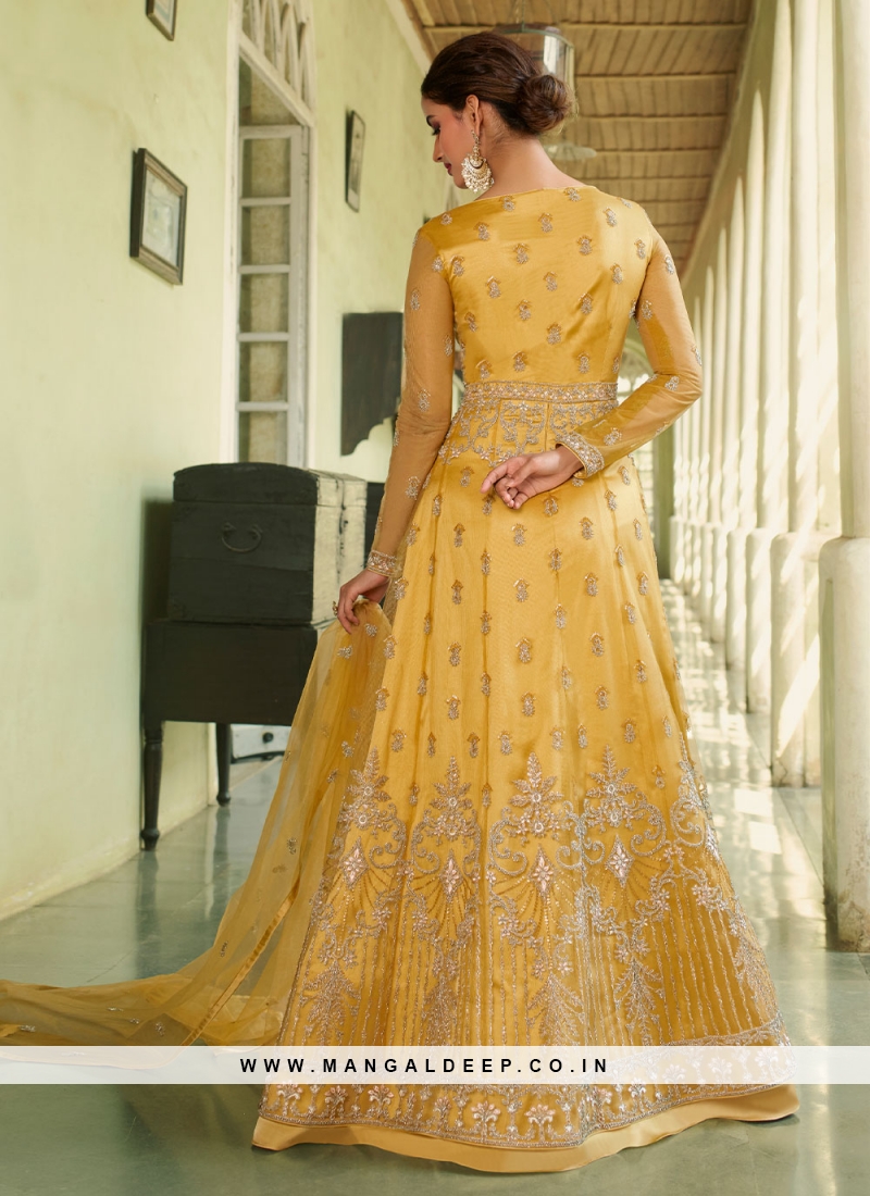 Floor Length Salwar Kameez Resham Net In Yellow