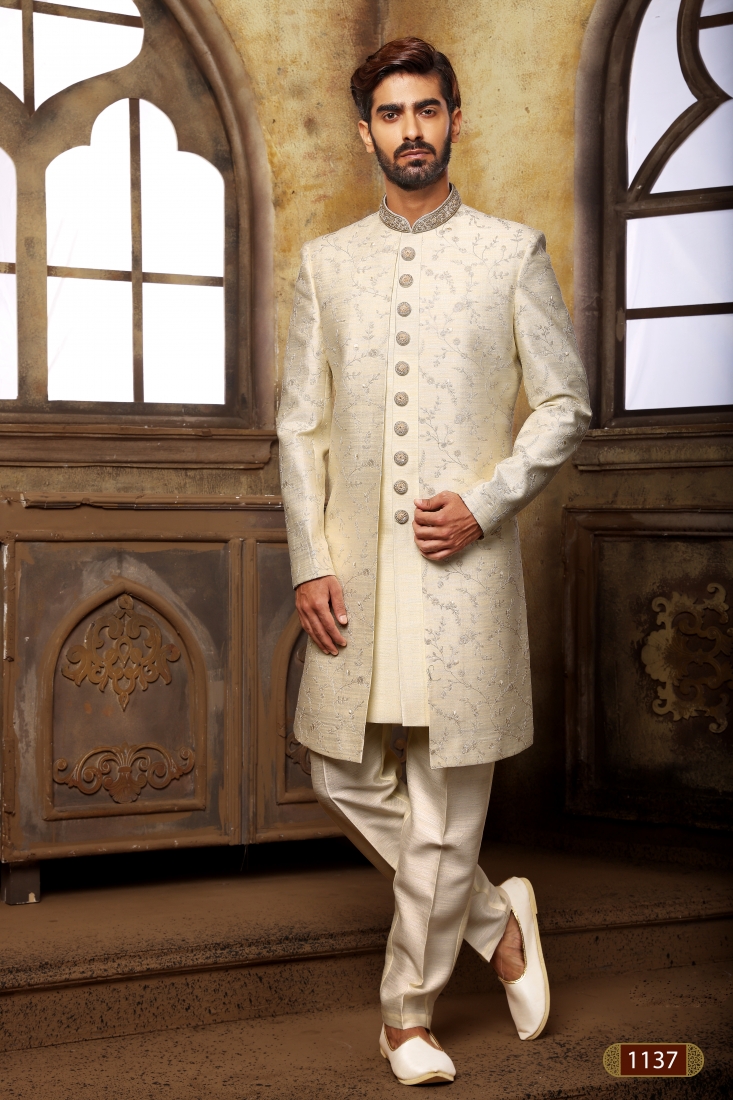 Cream Navabi Indo Western Embroidered Art Banarasi Silk Sherwani With