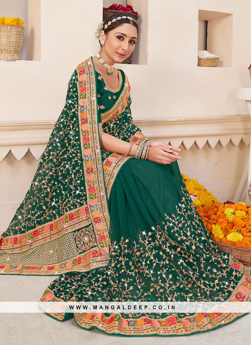 Magnetize Faux Georgette Embroidered Green And Rama Saree