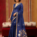 Royal Blue Silk Blend Saree with Gold Border Floral Woven Pallu 