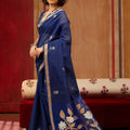 Royal Blue Silk Blend Saree with Gold Border Floral Woven Pallu