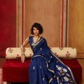 Royal Blue Silk Blend Saree with Gold Border Floral Woven Pallu
