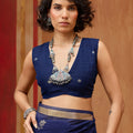 Royal Blue Silk Blend Saree with Gold Border Floral Woven Pallu