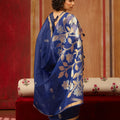 Royal Blue Silk Blend Saree with Gold Border Floral Woven Pallu