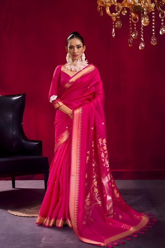 Pink Katan Silk Saree Handloom Weaving Designer Gold Zari Border