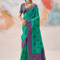 Green Kanjivaram Pure Silk Saree with Purple Border Traditional Wear