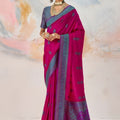 Rani Pink Pure Kanjivaram Weaving Silk Saree in Rani Pink with Teal Zari Border