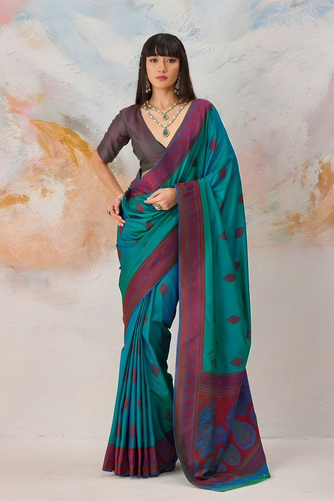 Teal Green Pure Kanjivaram Weaving Silk Saree with Maroon Zari Border 