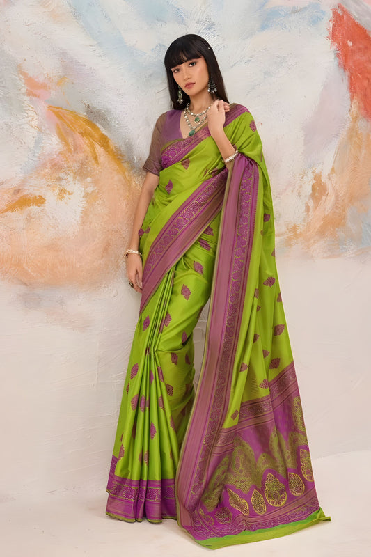 Green Purple Pure Kanjivaram Silk Saree Traditional Zari Weaving Saree
