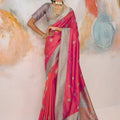 Pink Pure Kanjivaram Silk Saree Pink Silver Zari Border Traditional Banarasi Saree