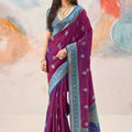 Purple Pure Kanjivaram Silk Saree Wine Purple with Blue Zari Border