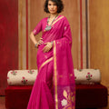 Rani Pink Silk Blend Saree with Gold Zari Border Floral Woven Pallu 