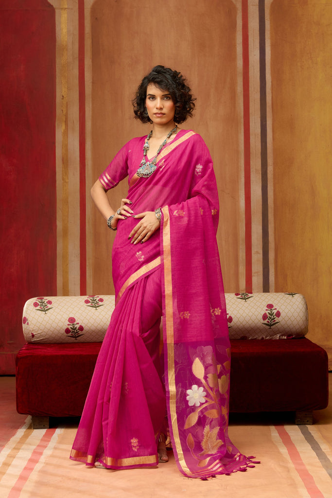 Rani Pink Silk Blend Saree with Gold Zari Border Floral Woven Pallu 