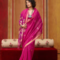 Rani Pink Silk Blend Saree with Gold Zari Border Floral Woven Pallu